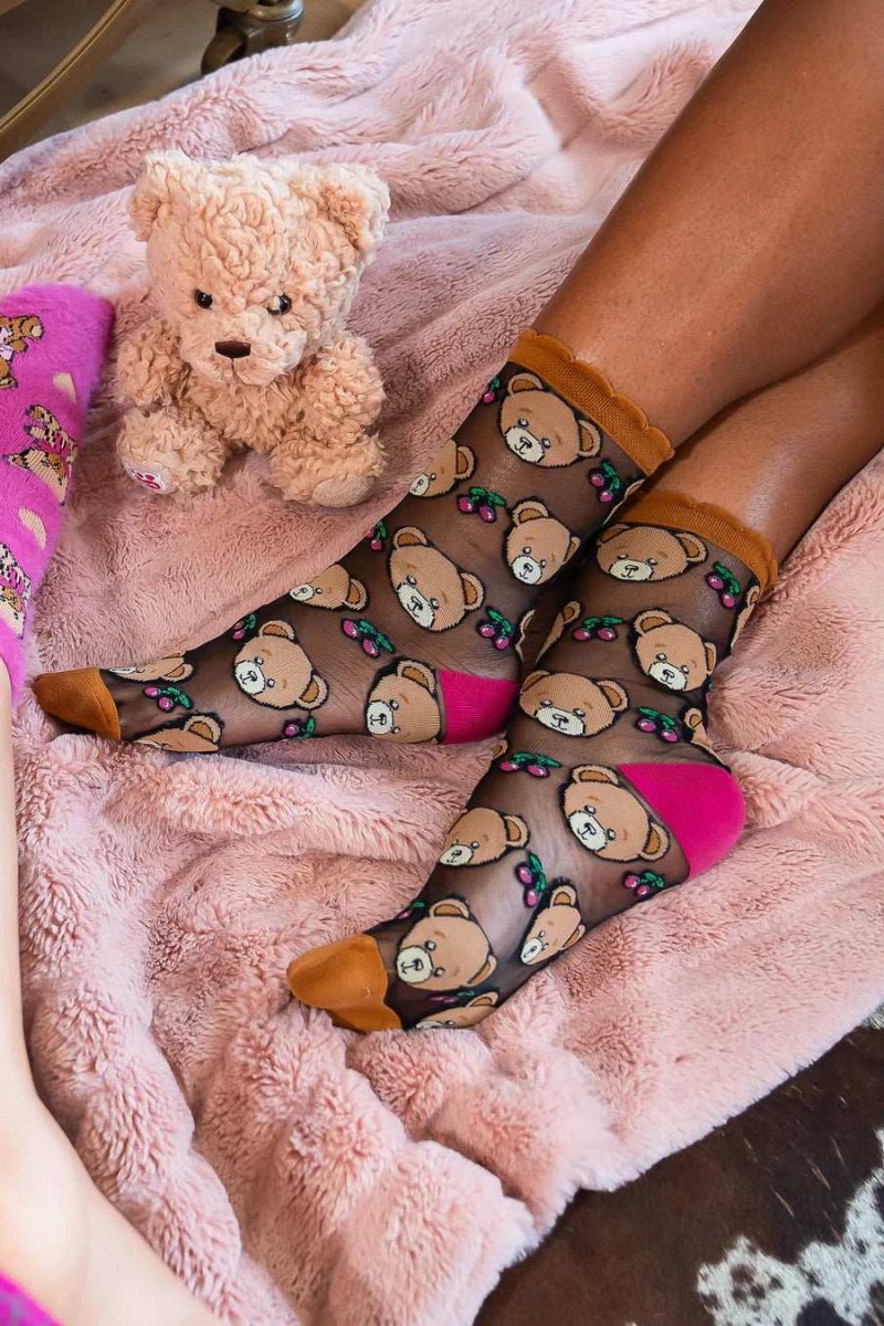 Shop Sock Candy Sock Candy Teddy Bear Ruffle Black Sheer Crew Sock Socks for women – premium loungewear and festival fashion at Spoiled Brat