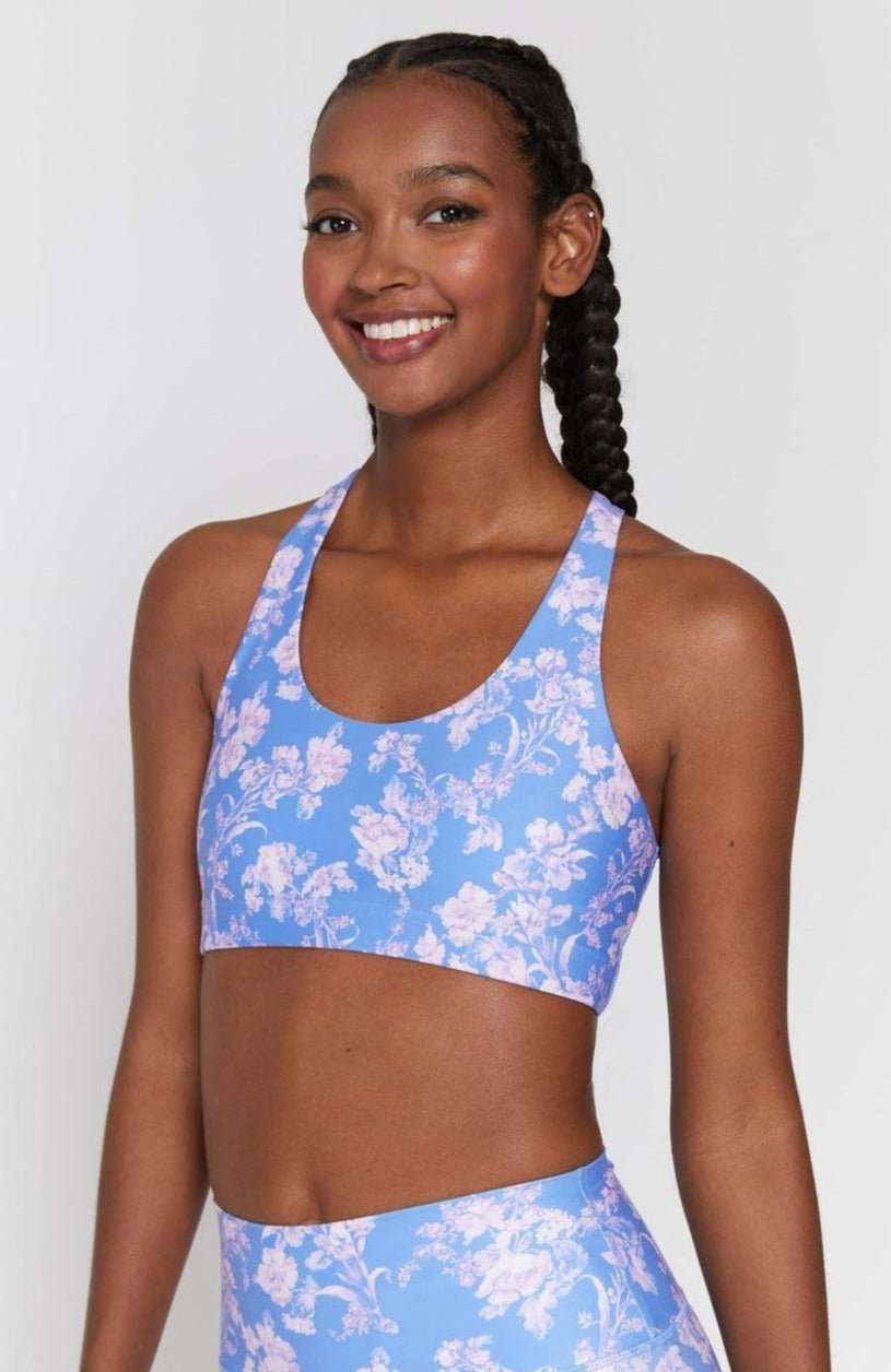 Spiritual Gangster Studio Eco Jersey Sports Bra in Jacaranda Print Cropped Top by Spiritual Gangster as seen on celebrities