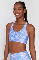Shop Spiritual Gangster Spiritual Gangster Studio Eco Jersey Sports Bra in Jacaranda Print Cropped Top for women – premium loungewear and festival fashion at Spoiled Brat