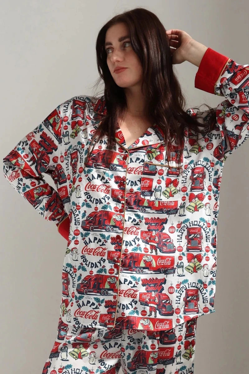 Shop The Laundry Room The Laundry Room Happy Coca - Cola Holidays Silky PJ Set Pyjamas for women – premium loungewear and festival fashion at Spoiled Brat