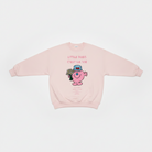 Pink sweatshirt with cartoon character and text on a white background