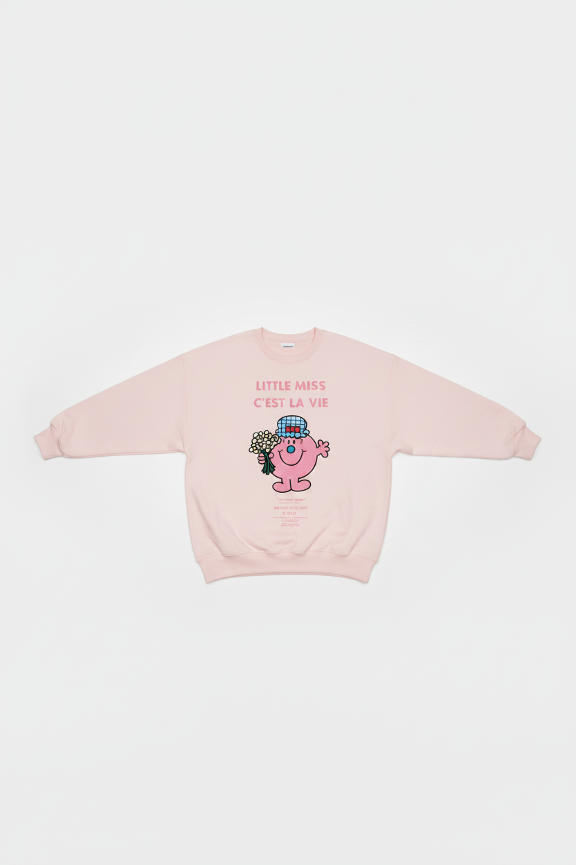 Pink sweatshirt with cartoon character and text on a white background