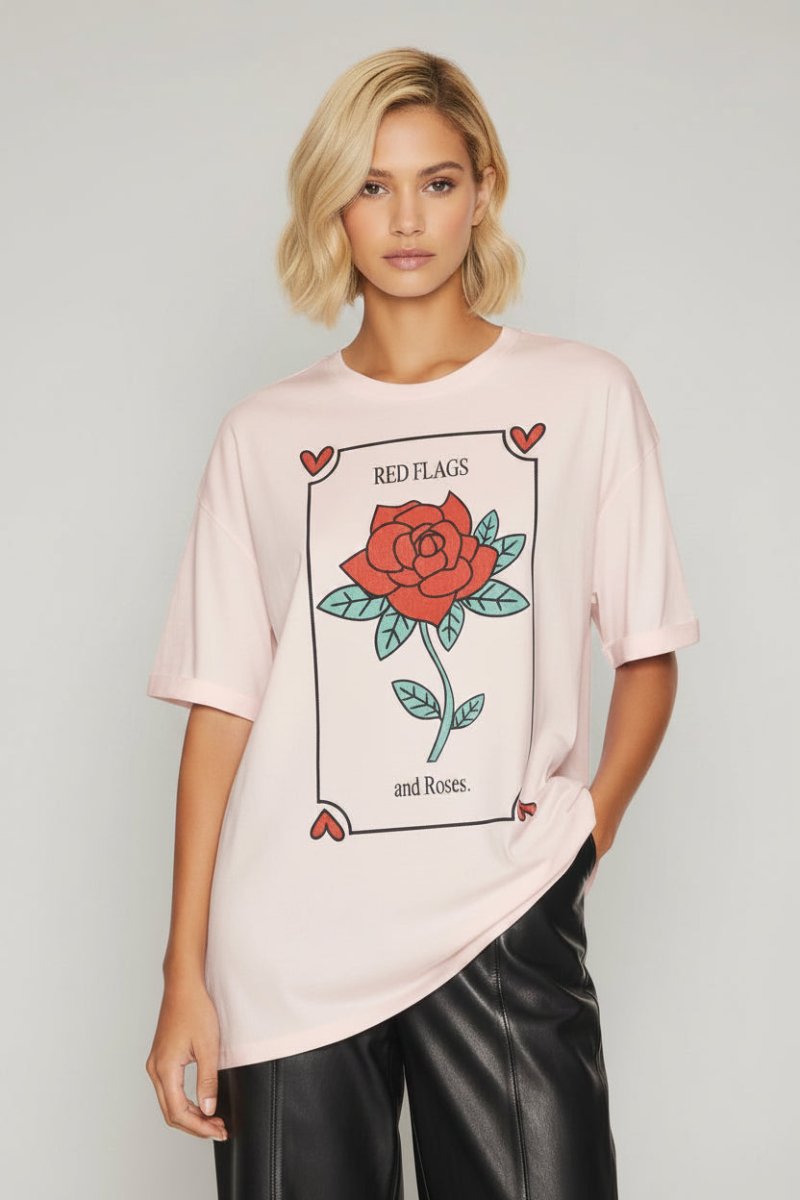 Shop The Laundry Room The Laundry Room Red Flags And Roses Oversized Tee T-Shirt for women – premium loungewear and festival fashion at Spoiled Brat