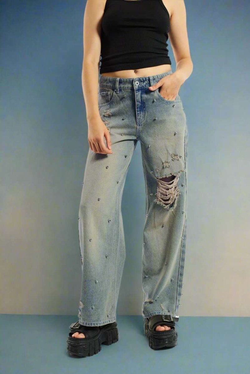 Shop The Ragged Priest The Ragged Priest Dirty Wash Distressed Release Stud Jeans Boyfriend Jeans for women – premium loungewear and festival fashion at Spoiled Brat