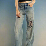 Shop The Ragged Priest The Ragged Priest Dirty Wash Distressed Release Stud Jeans Boyfriend Jeans for women – premium loungewear and festival fashion at Spoiled Brat