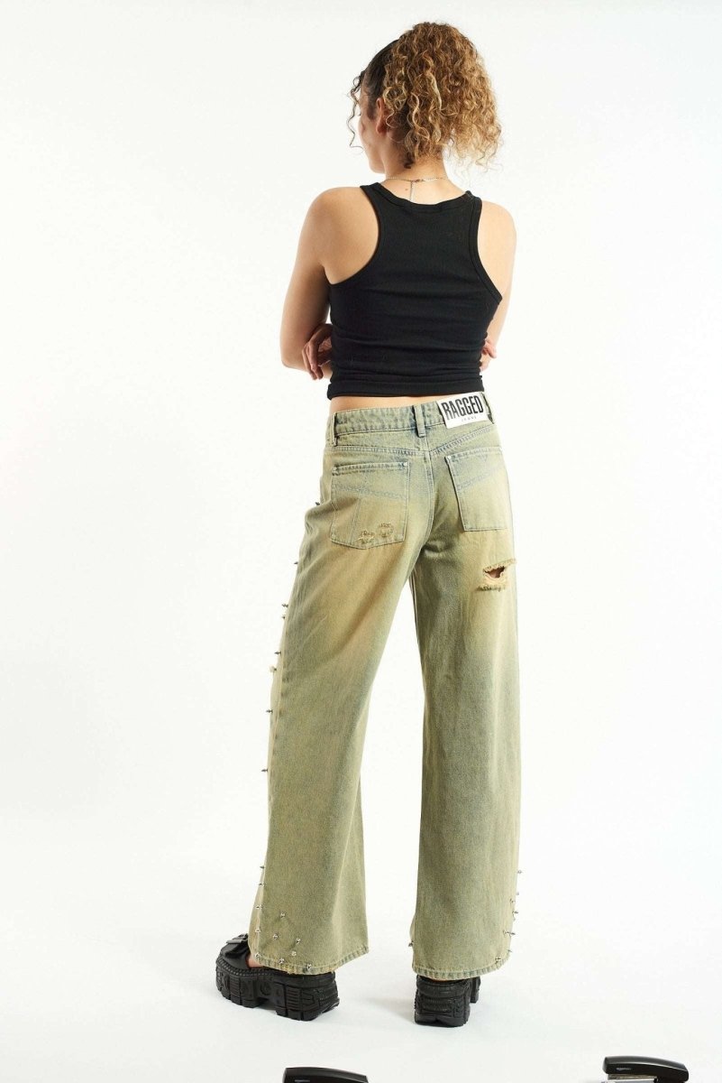 Shop The Ragged Priest The Ragged Priest Dirty Wash Distressed Release Stud Jeans Boyfriend Jeans for women – premium loungewear and festival fashion at Spoiled Brat