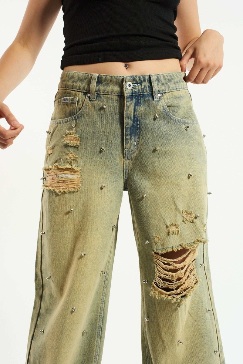 Shop The Ragged Priest The Ragged Priest Dirty Wash Distressed Release Stud Jeans Boyfriend Jeans for women – premium loungewear and festival fashion at Spoiled Brat