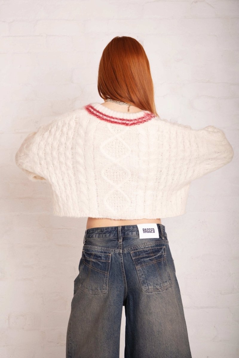 Shop The Ragged Priest The Ragged Priest Load Varsity Crop Cable Knit Jumper Jumper for women – premium loungewear and festival fashion at Spoiled Brat