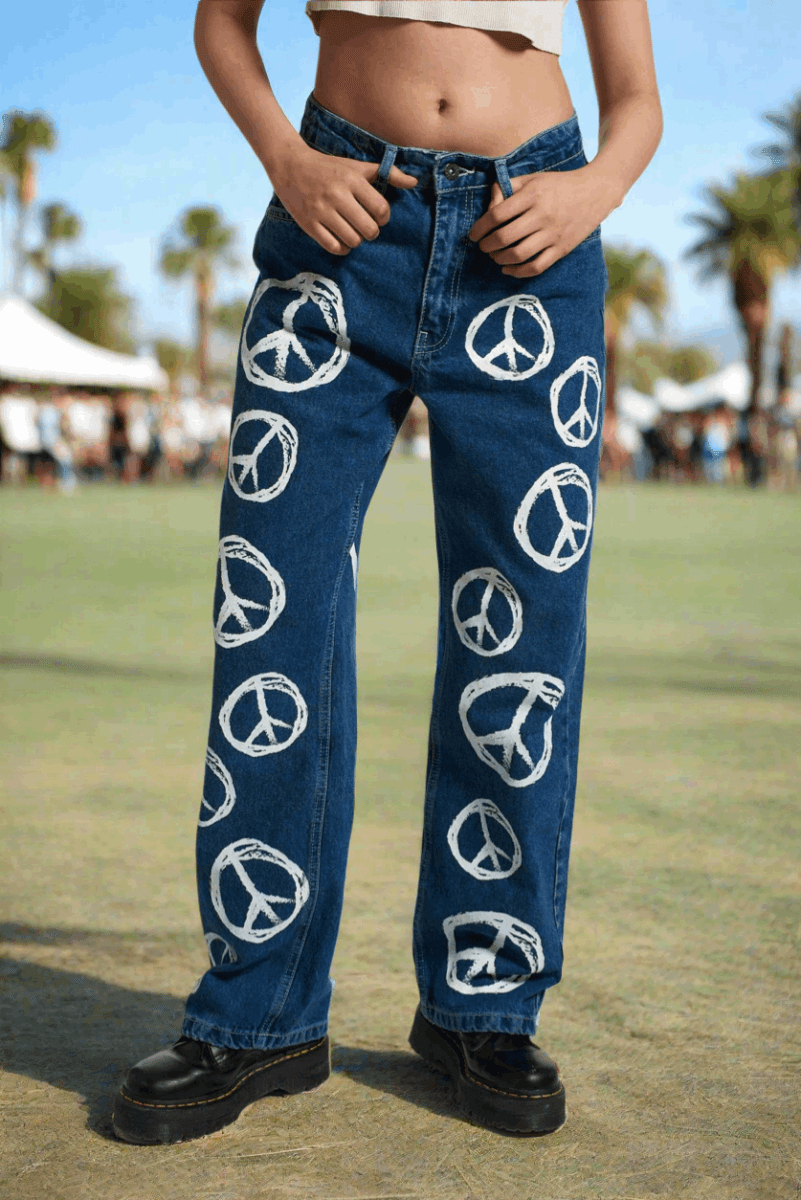 Shop The Ragged Priest The Ragged Priest Peace Printed Dad Jeans as seen on Chloe Sims Boyfriend Jeans for women – premium loungewear and festival fashion at Spoiled Brat
