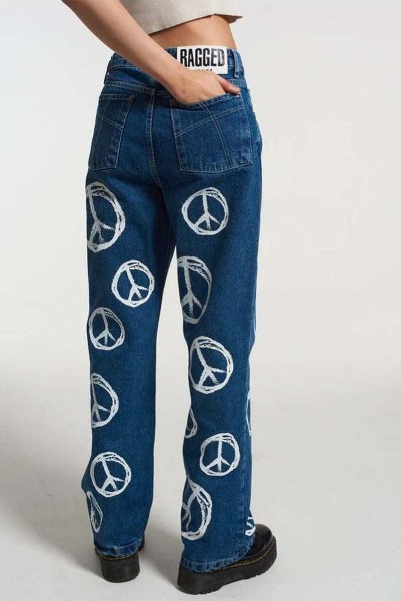 Shop The Ragged Priest The Ragged Priest Peace Printed Dad Jeans as seen on Chloe Sims Boyfriend Jeans for women – premium loungewear and festival fashion at Spoiled Brat