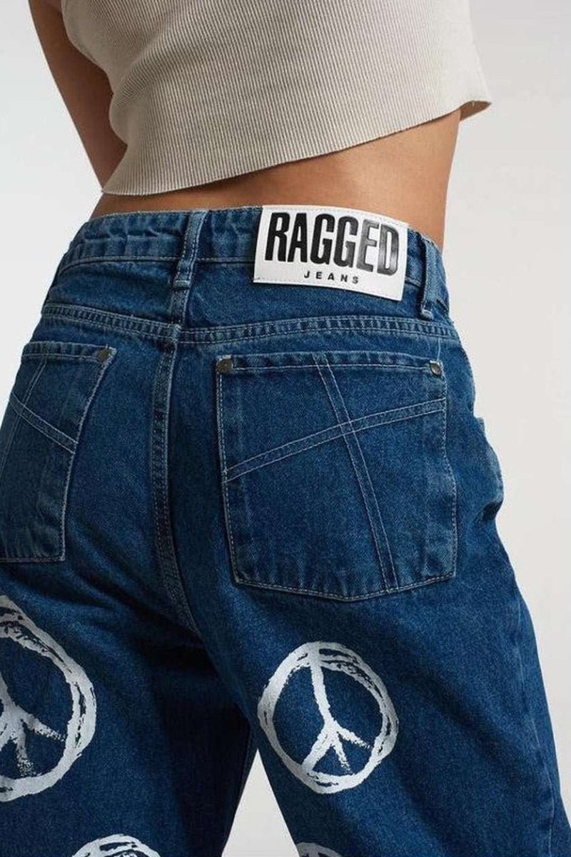 Shop The Ragged Priest The Ragged Priest Peace Printed Dad Jeans as seen on Chloe Sims Boyfriend Jeans for women – premium loungewear and festival fashion at Spoiled Brat
