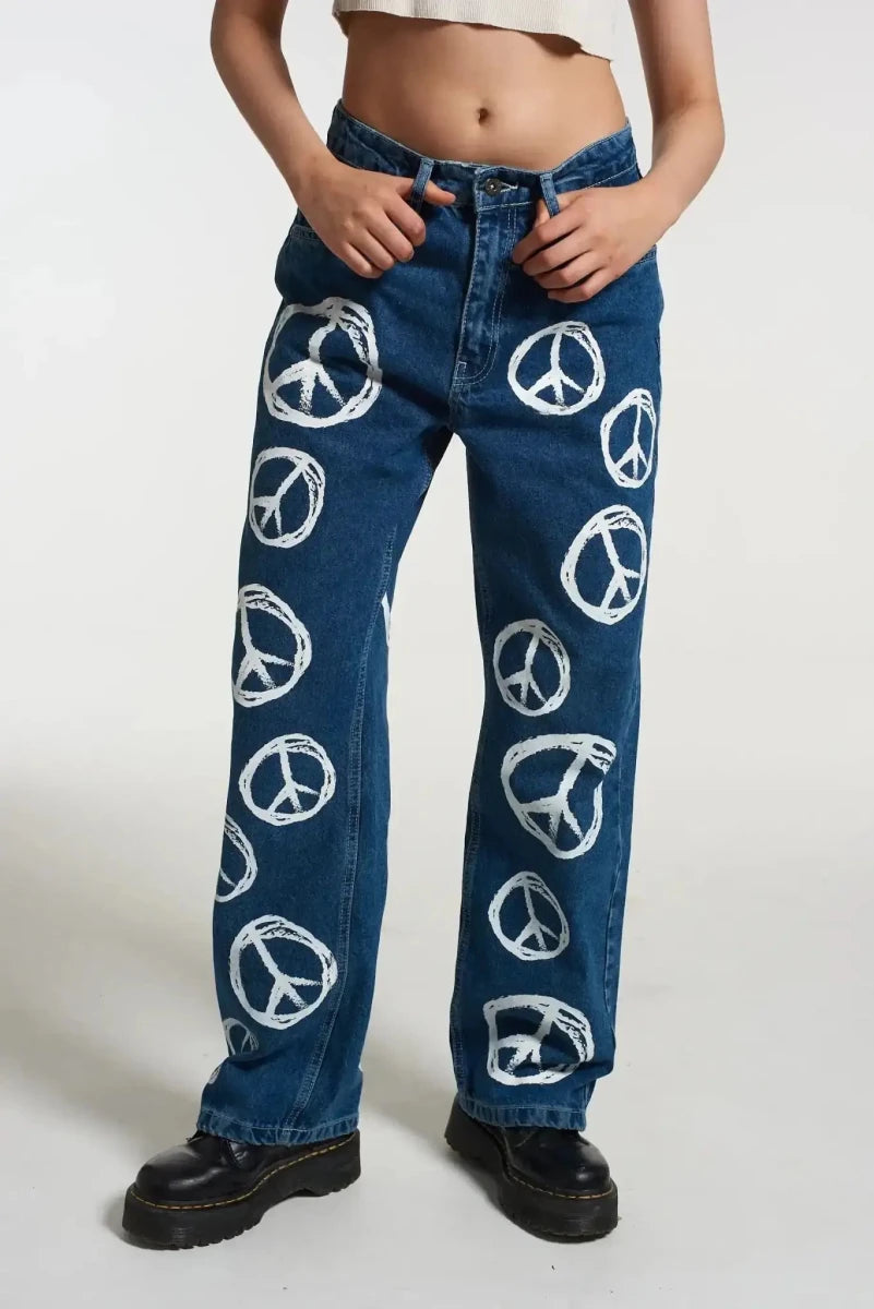 Shop The Ragged Priest The Ragged Priest Peace Printed Dad Jeans as seen on Chloe Sims Boyfriend Jeans for women – premium loungewear and festival fashion at Spoiled Brat