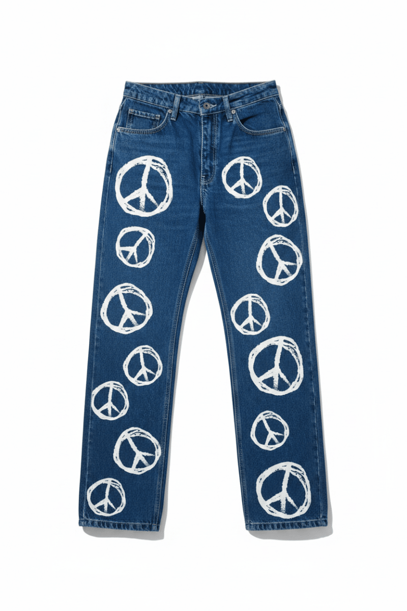 Shop The Ragged Priest The Ragged Priest Peace Printed Dad Jeans as seen on Chloe Sims Boyfriend Jeans for women – premium loungewear and festival fashion at Spoiled Brat