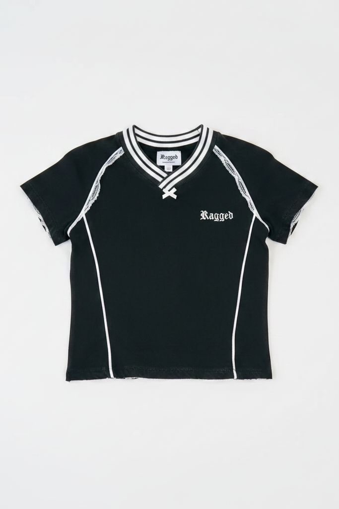 Black sports jersey with white accents on a light gray background