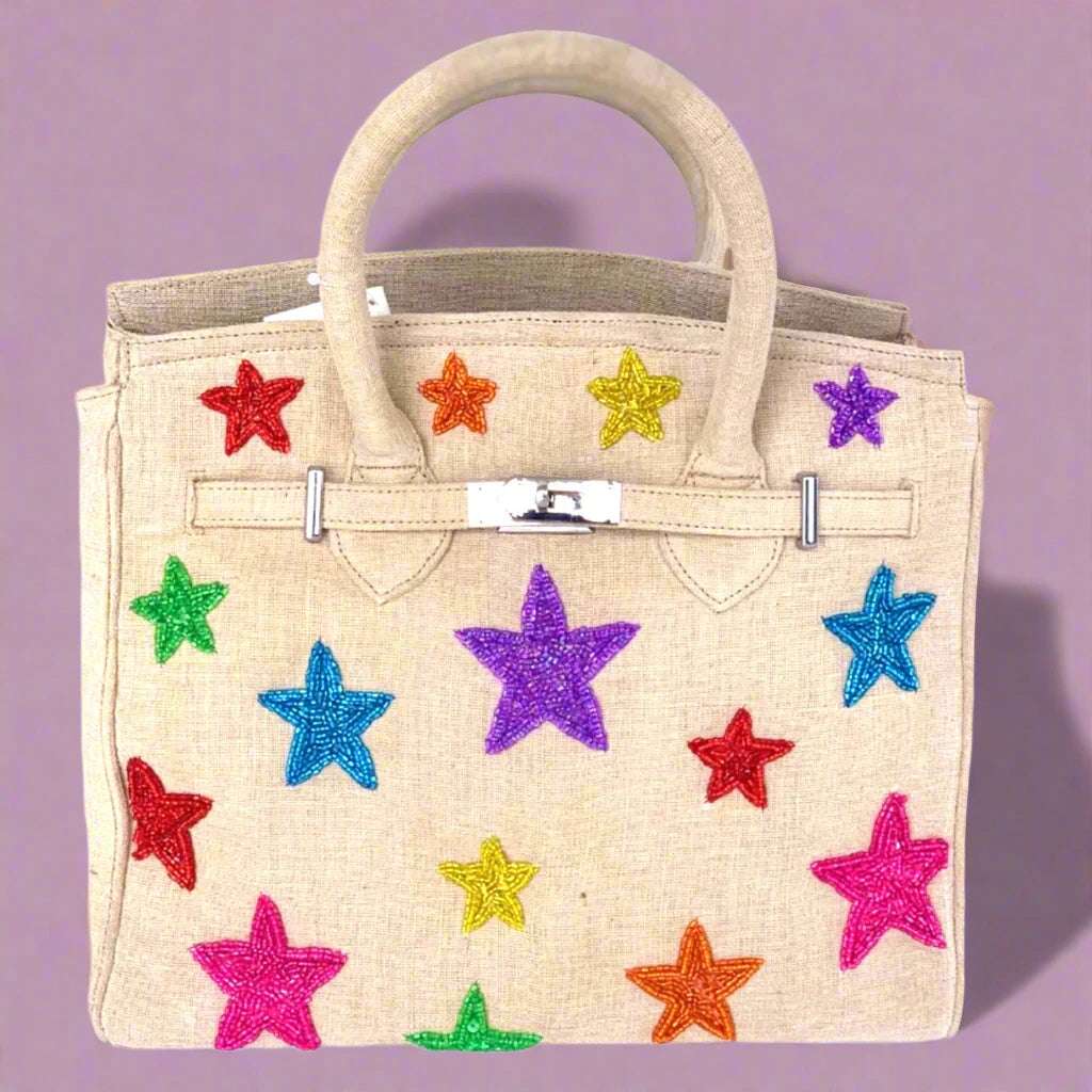 Shop Tiana New York Handmade Beaded Stars Canvas Bag Handbag for women – premium loungewear and festival fashion at Spoiled Brat