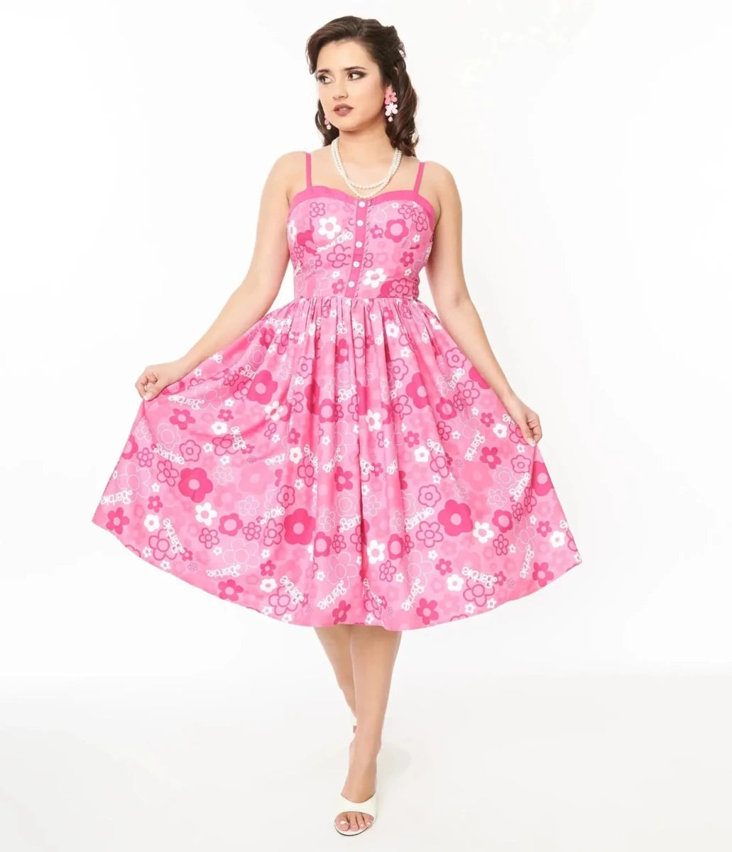 Shop Unique Vintage Barbie X Unique Vintage Pink Barbie Print Swing Dress Dress for women – premium loungewear and festival fashion at Spoiled Brat
