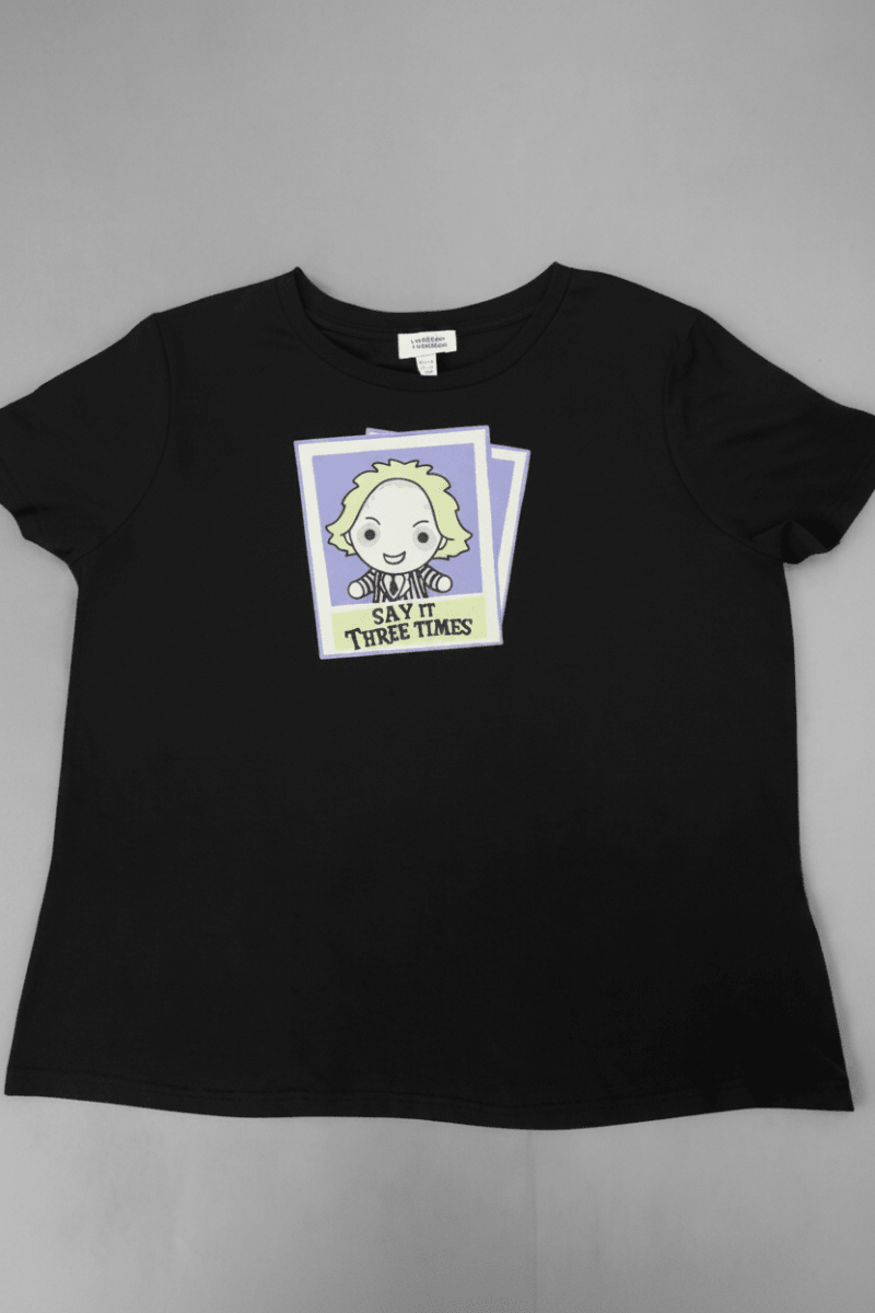 Shop Unique Vintage Beetlejuice X Unique Vintage Black Beetlejuice Polaroid Fitted Tee T-Shirt for women – premium loungewear and festival fashion at Spoiled Brat