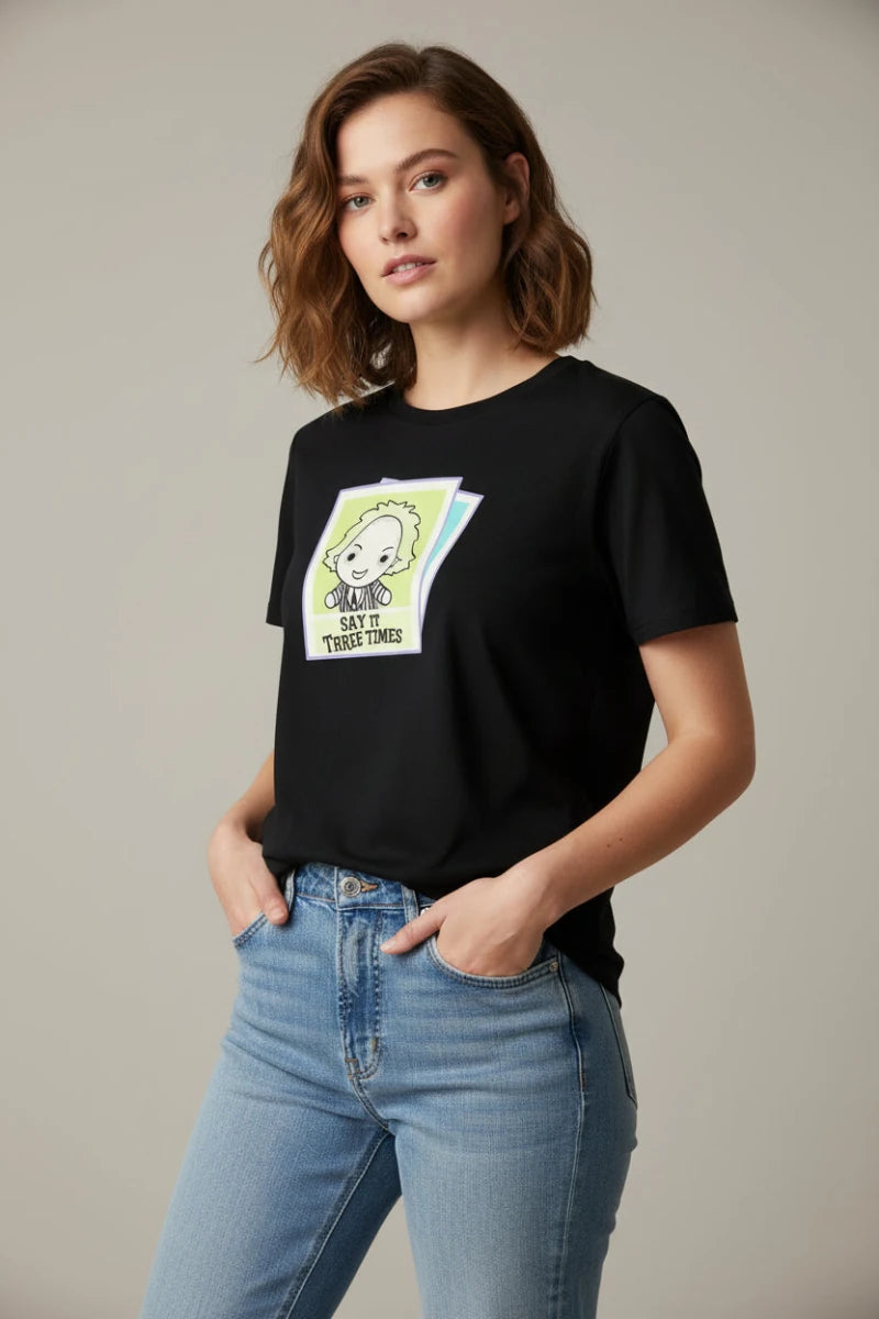 Shop Unique Vintage Beetlejuice X Unique Vintage Black Beetlejuice Polaroid Fitted Tee T-Shirt for women – premium loungewear and festival fashion at Spoiled Brat