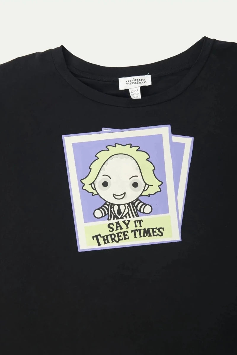 Shop Unique Vintage Beetlejuice X Unique Vintage Black Beetlejuice Polaroid Fitted Tee T-Shirt for women – premium loungewear and festival fashion at Spoiled Brat
