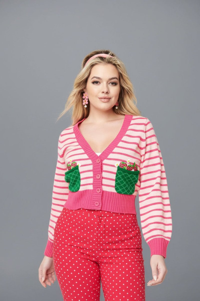 Shop Unique Vintage Smak Parlour 1960s Pink Stripes & Strawberry Pocket Cardigan Cardigan for women – premium loungewear and festival fashion at Spoiled Brat
