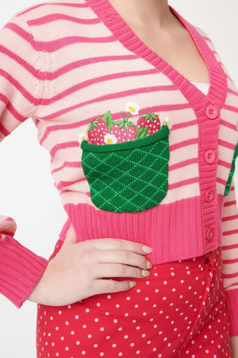 Shop Unique Vintage Smak Parlour 1960s Pink Stripes & Strawberry Pocket Cardigan Cardigan for women – premium loungewear and festival fashion at Spoiled Brat