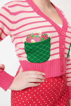 Shop Unique Vintage Smak Parlour 1960s Pink Stripes & Strawberry Pocket Cardigan Cardigan for women – premium loungewear and festival fashion at Spoiled Brat