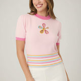 Shop Unique Vintage Smak Parlour Pink & Rainbow Flower Cutout Sweater Top for women – premium loungewear and festival fashion at Spoiled Brat