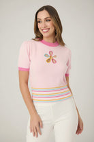 Shop Unique Vintage Smak Parlour Pink & Rainbow Flower Cutout Sweater Top for women – premium loungewear and festival fashion at Spoiled Brat
