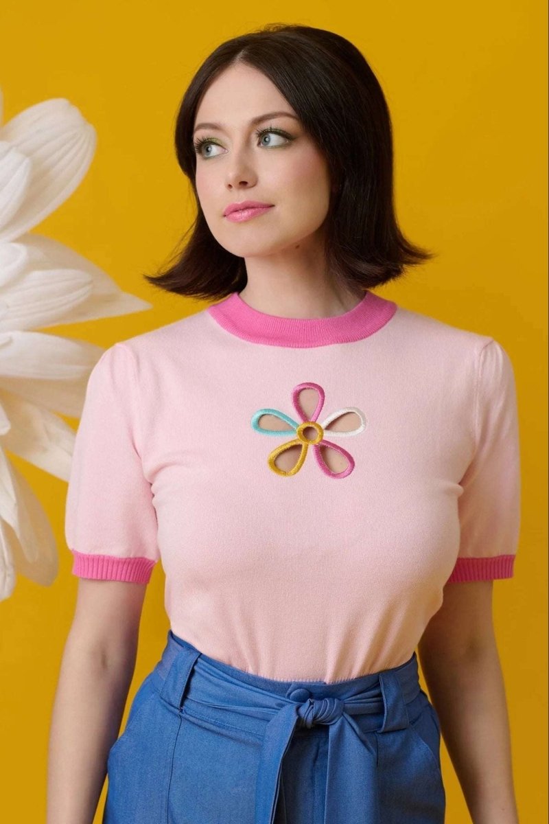 Shop Unique Vintage Smak Parlour Pink & Rainbow Flower Cutout Sweater Top for women – premium loungewear and festival fashion at Spoiled Brat