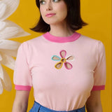 Shop Unique Vintage Smak Parlour Pink & Rainbow Flower Cutout Sweater Top for women – premium loungewear and festival fashion at Spoiled Brat