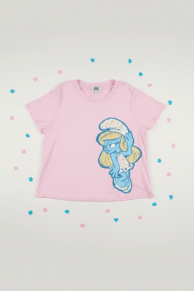 Shop Unique Vintage The Smurfs x Unique Vintage Pink Smurfs Fitted Tee Top for women – premium loungewear and festival fashion at Spoiled Brat
