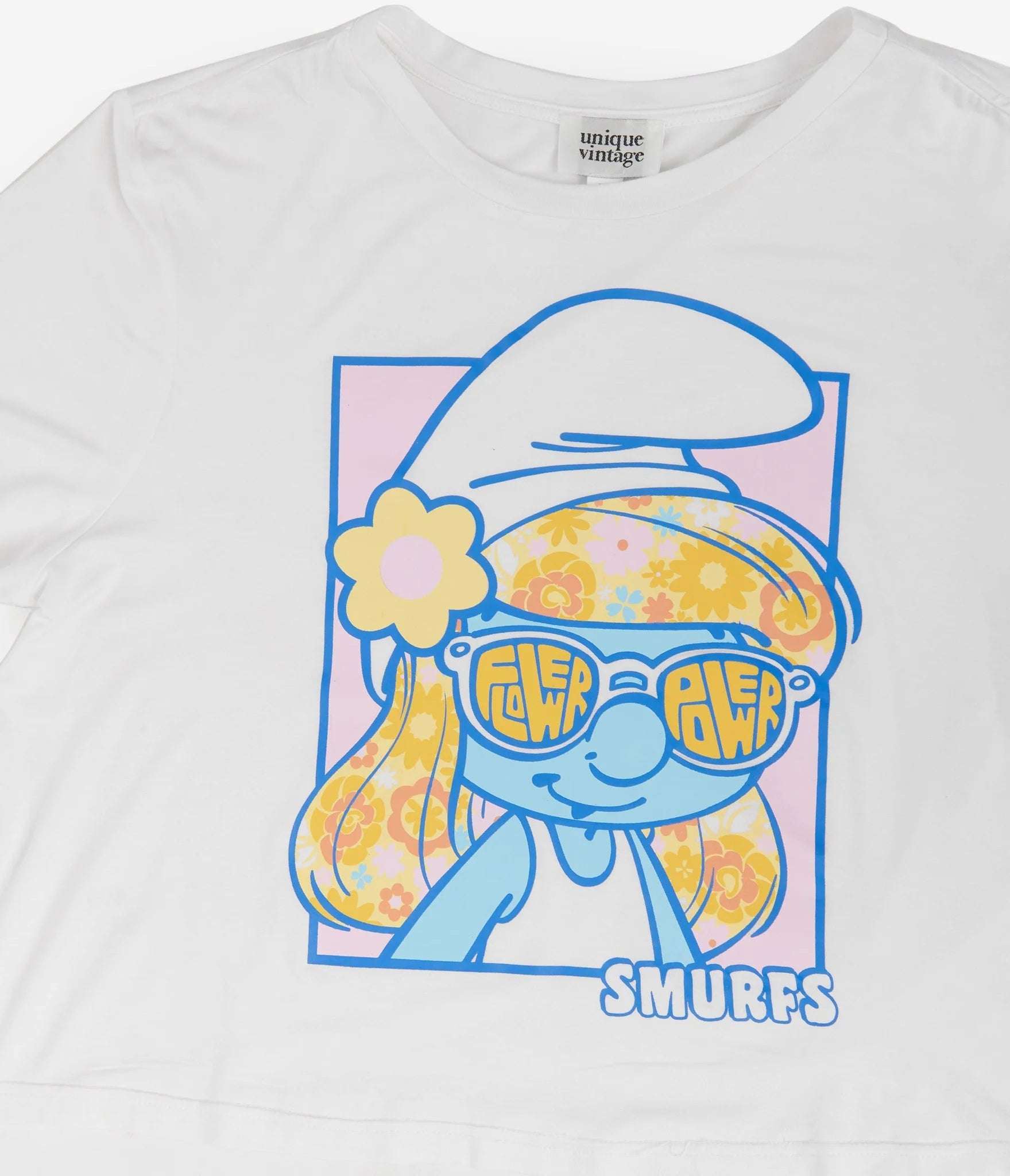 The Smurfs x Unique Vintage White Cropped Graphic Tee - Spoiled Brat