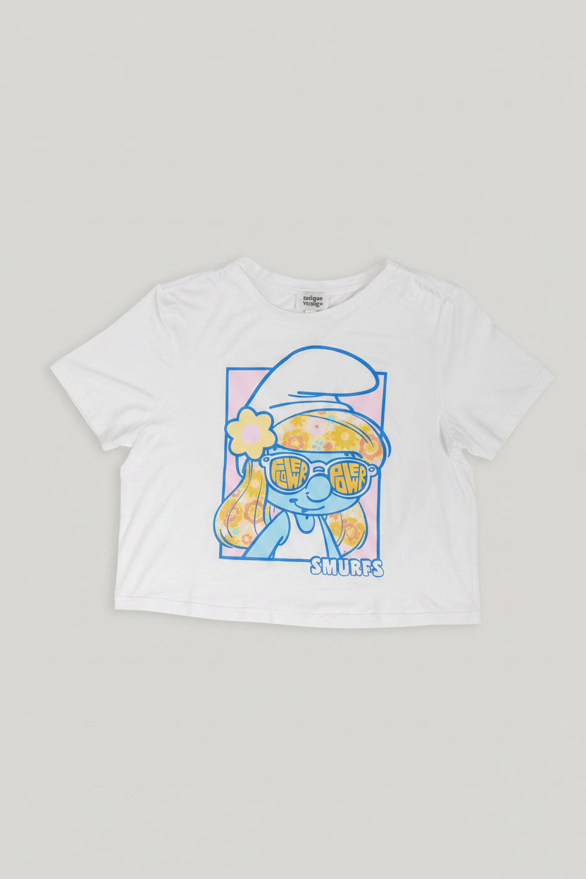 Shop Unique Vintage The Smurfs x Unique Vintage White Cropped Graphic Tee Top for women – premium loungewear and festival fashion at Spoiled Brat