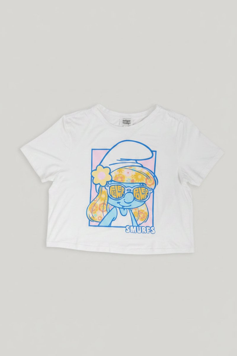 Shop Unique Vintage The Smurfs x Unique Vintage White Cropped Graphic Tee Top for women – premium loungewear and festival fashion at Spoiled Brat