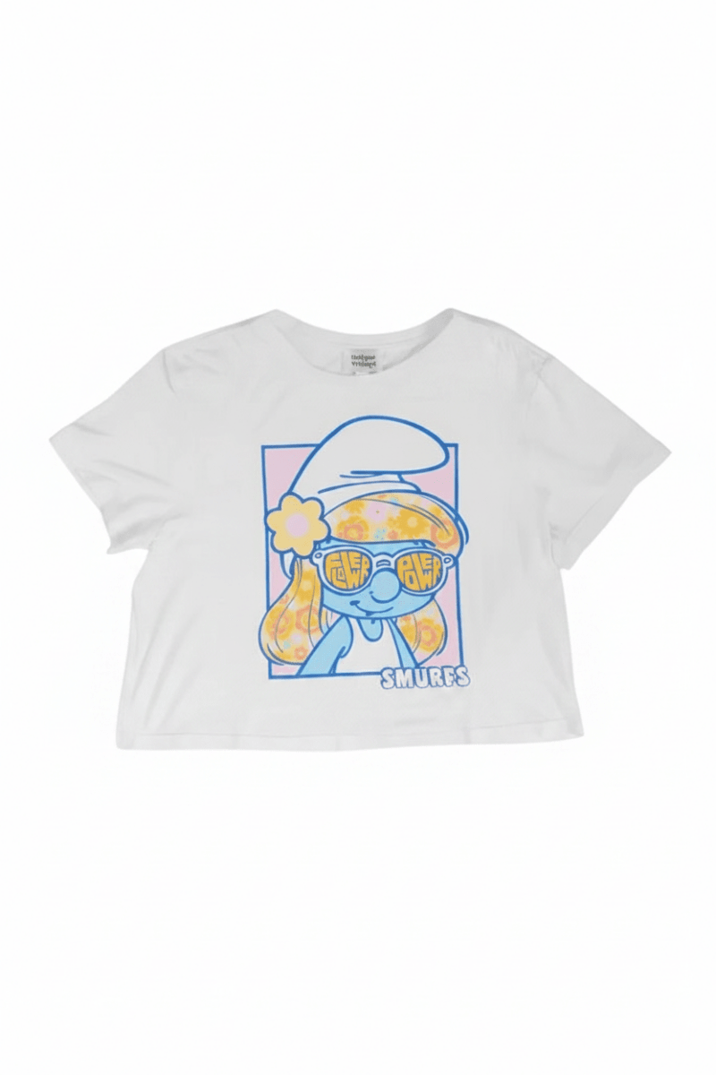 Shop Unique Vintage The Smurfs x Unique Vintage White Cropped Graphic Tee Top for women – premium loungewear and festival fashion at Spoiled Brat
