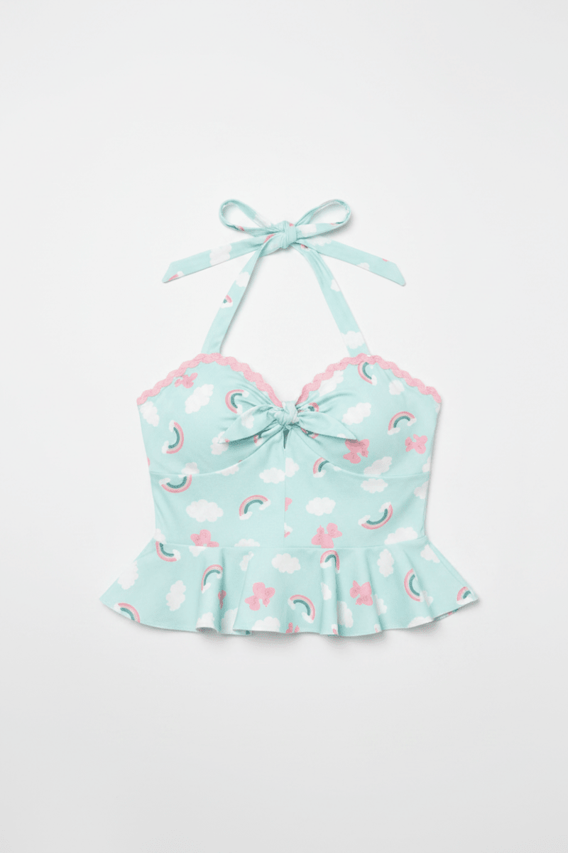 Shop Unique Vintage Unique Vintage Aqua & Rainbow Print Peplum Halter Top Top for women – premium loungewear and festival fashion at Spoiled Brat