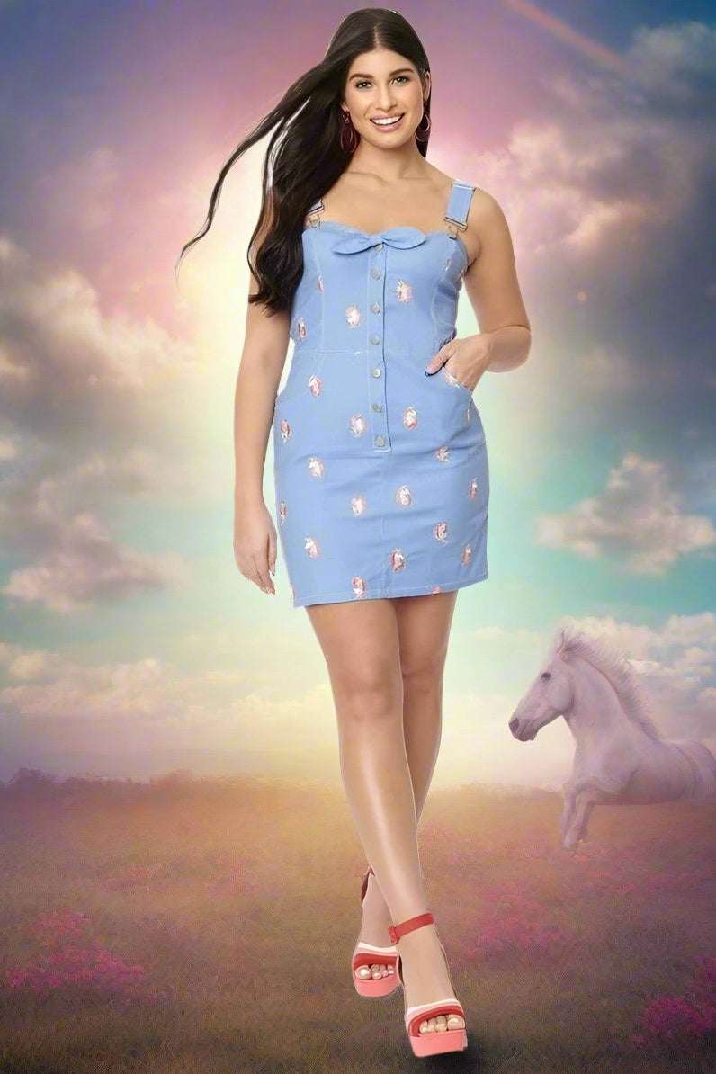 Unique Vintage Periwinkle Denim & Unicorn Fitted Pinafore Dress by Unique Vintage as seen on celebrities