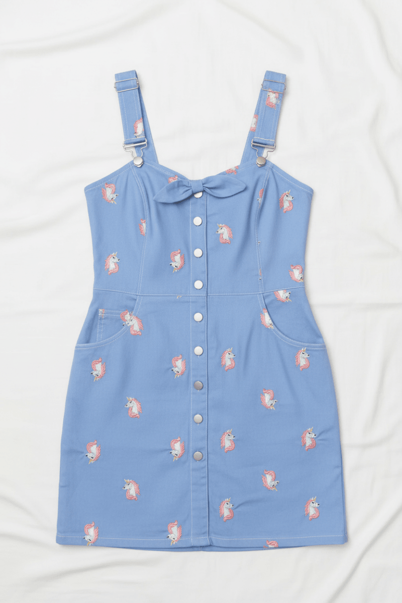 Shop Unique Vintage Unique Vintage Periwinkle Denim & Unicorn Fitted Pinafore Dress for women – premium loungewear and festival fashion at Spoiled Brat
