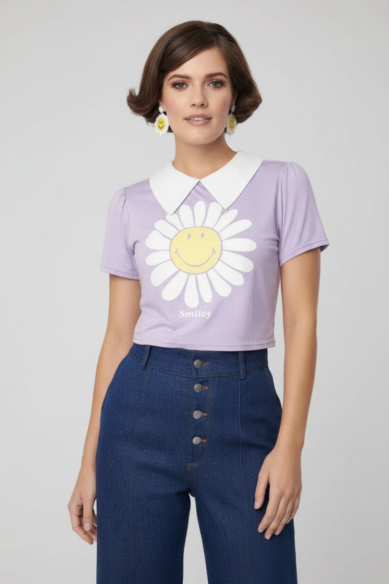 Shop Unique Vintage Unique Vintage x Smiley® Purple Flower Tee Top Top for women – premium loungewear and festival fashion at Spoiled Brat
