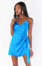 Shop Show Me Your Mumu Show Me Your Mumu Eve Blue Satin Mini Dress Party Dress for women – premium loungewear and festival fashion at Spoiled Brat