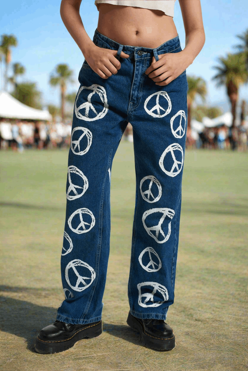 Shop The Ragged Priest The Ragged Priest Peace Printed Dad Jeans as seen on Chloe Sims Boyfriend Jeans for women – premium loungewear and festival fashion at Spoiled Brat