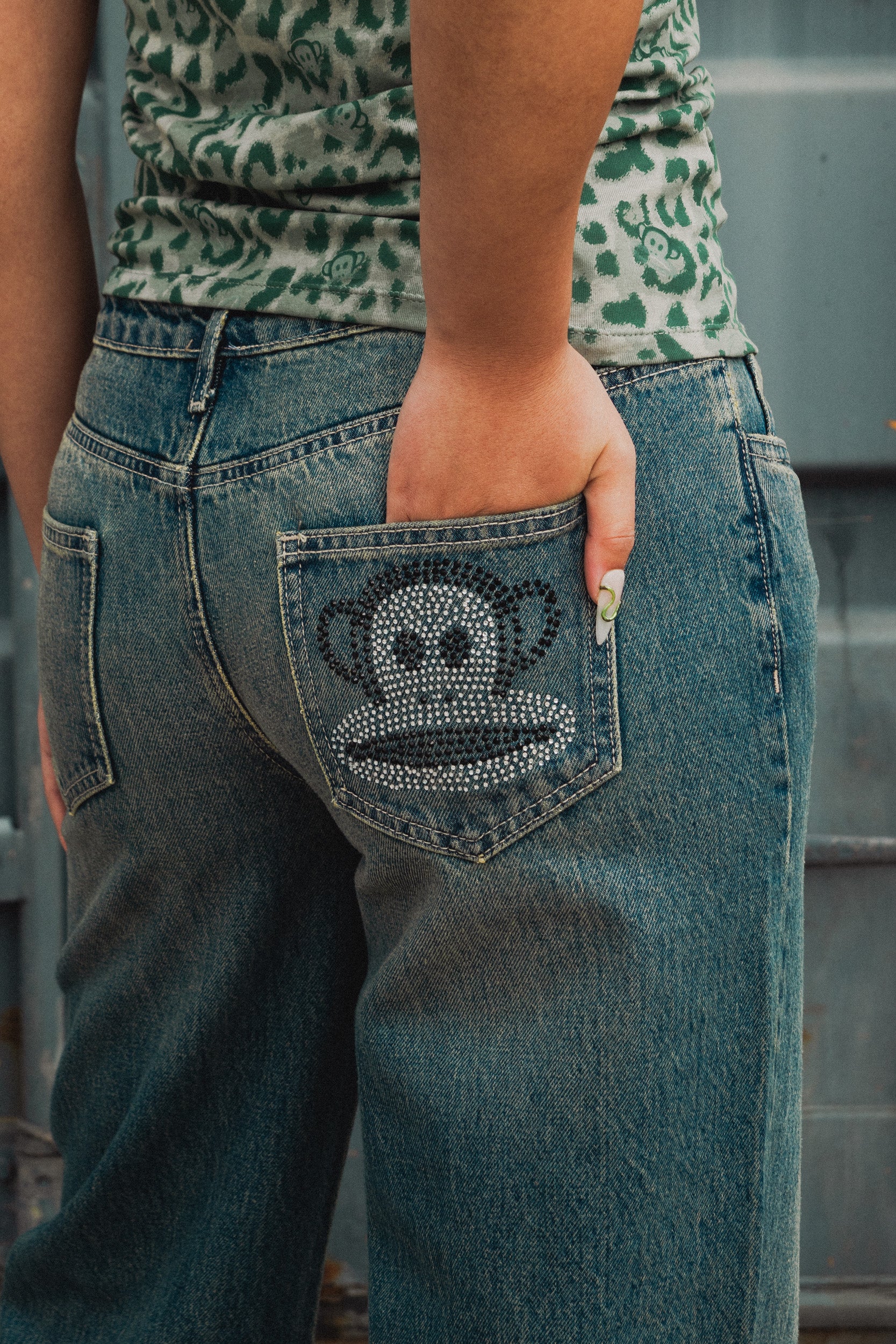 Shop Daisy Street Daisy Street x Paul Frank Wide Leg Denim Jeans with Diamante Logo online at Spoiled Brat