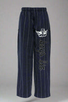 Navy pinstripe pants by Boys Lie with white text and logo on a white background