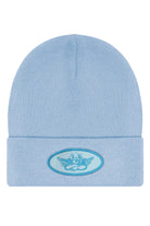 Light blue beanie with a logo on a white background