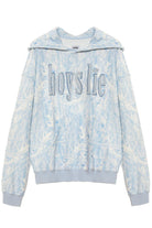 Tie-dye hoodie with 'boys lie' text on a white background