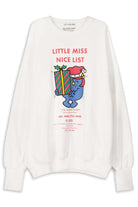 White sweatshirt with a cartoon character and text on a white background