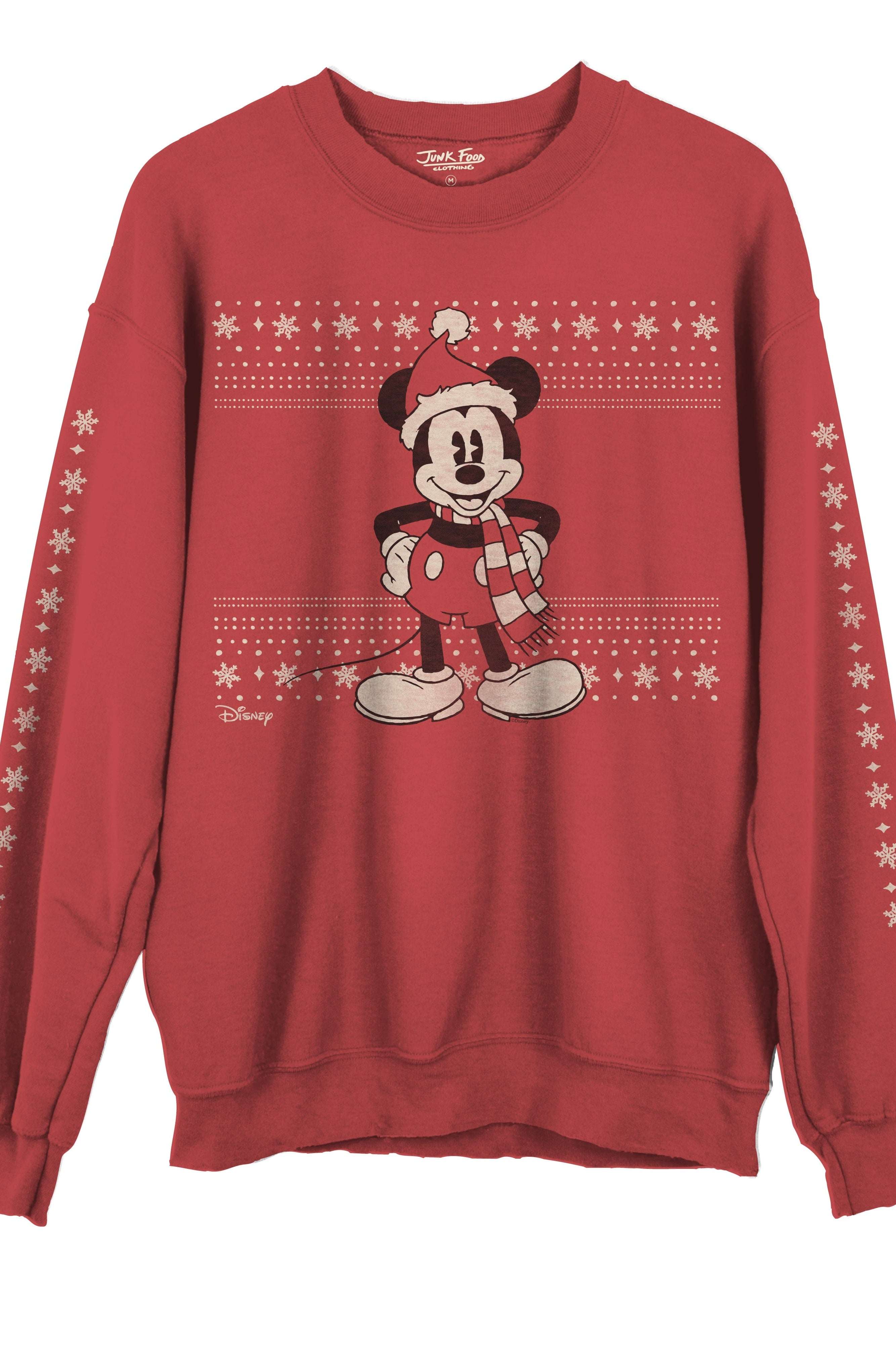 Red sweatshirt with a Christmas-themed design featuring a character on a white background