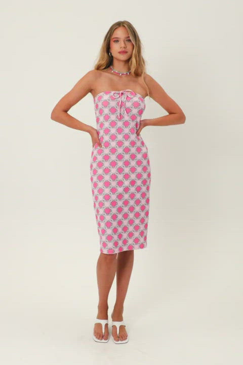 Frankies Bikinis Hope Strapless Terry Dress in Pink Daisy Midi Dress by Frankies Bikinis as seen on celebrities