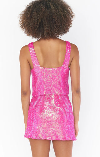 Shop Show Me Your Mumu Tara Crop Top in Pink Disco Sequin as seen on Chloe Meadows - Premium Tank Top from Show Me Your Mumu Online now at Spoiled Brat 