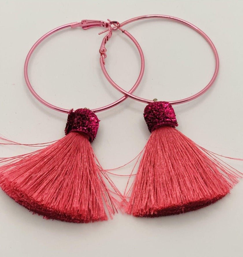 Suzywan DELUXE Fuchsia Tassel Hoop Earrings Earrings by Suzywan DELUXE as seen on celebrities